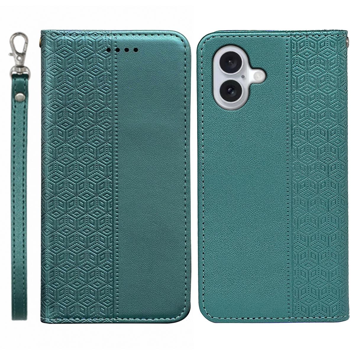 

For iPhone 16 Wallet Phone Case Strong Magnetic Checkered Pattern Imprint Leather Flip Cover Green