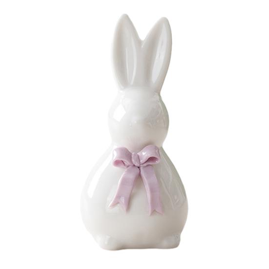 Ceramic Bunny Figurine Easter White Rabbit Statue with Bow for Spring Easter Indoor Home Table Centerpiece