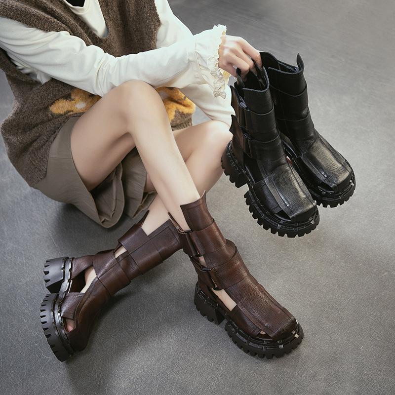2026 Summer New Arrival Women's Genuine Leather Roman Sandals Chunky Platform Ankle Boots Hollow Out Retro Fashion Walking Shoes