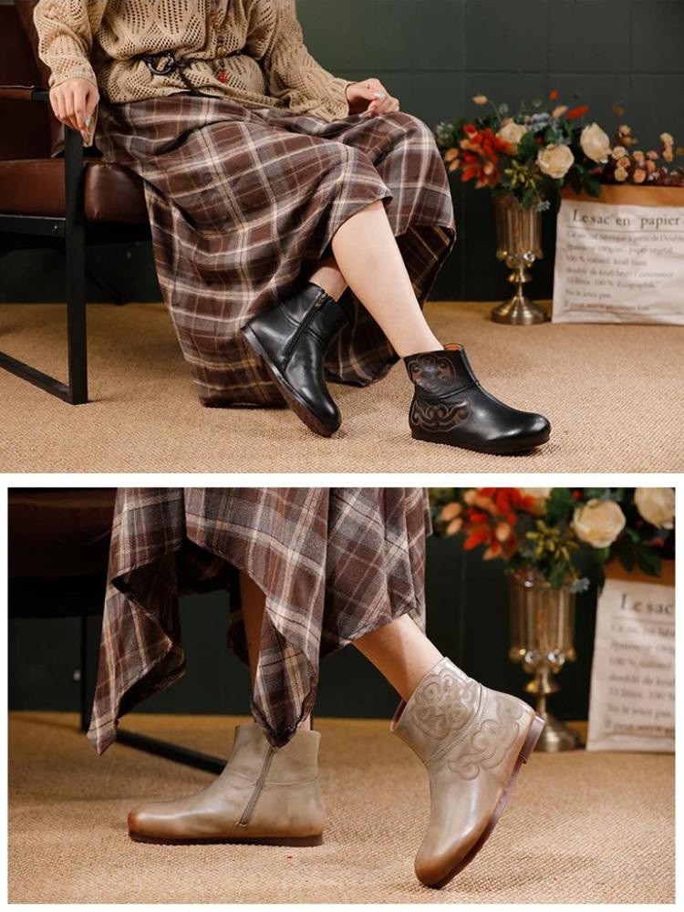 Johnature Genuine Leather Retro Flat Short Boots Side Zipper Soft Cowhide Versatile Women's Shoes