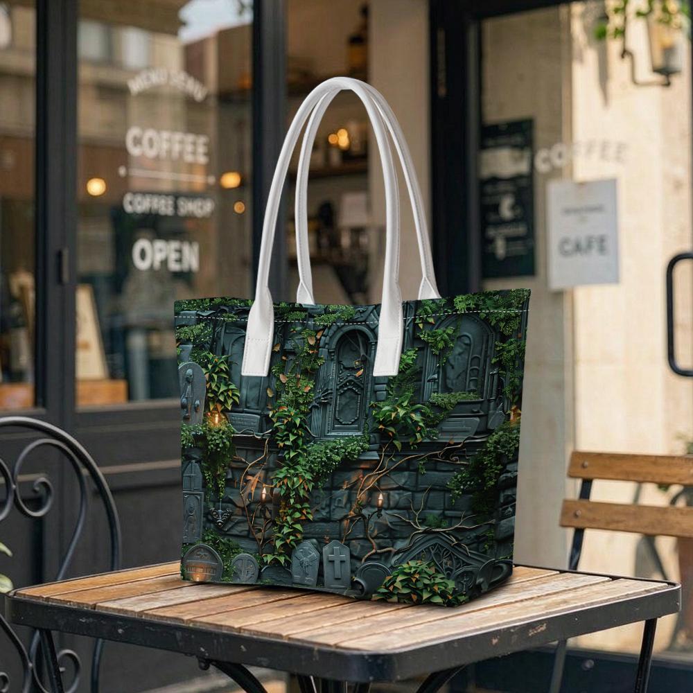 Gothic Cemetery Tote Bag Dark Vibes Spooky Green Ivy Pattern Daily Use Shopper Shoulder Bag