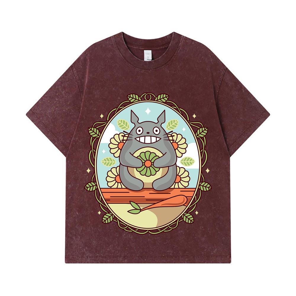 275 GSM Washed T-shirts 100% Cotton Ghibli V6 Totoro Print Unisex Heavy Cotton T Shirt