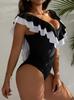2025 European American Black & White Ruffled Slimming One-Piece Swimsuit - Fairy Style