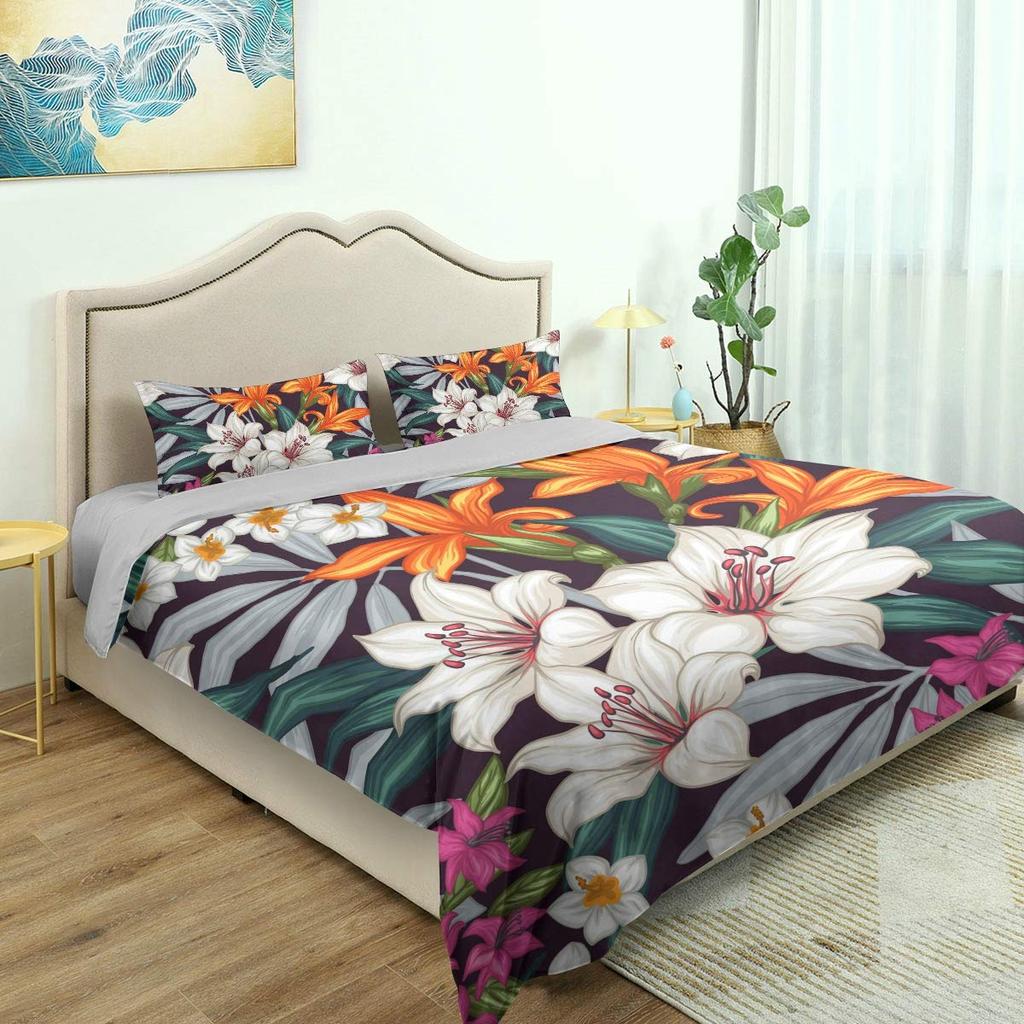 Morning Glory Duvet Cover for Girls Women,Purple Floral with Branch Quilt Cover Set King/Queen Size with Two Pillowcases,White
