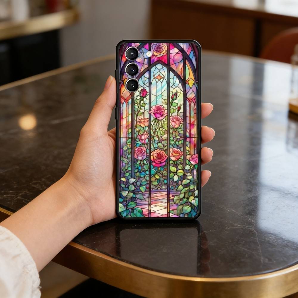 

Colorful Stained glassGlass Phone Case For Samsung S25,24,23,22,30,21,10,9,Ultra,Plus,Lite,FE,4,5 G Soft Black Case Samsung S25Plus