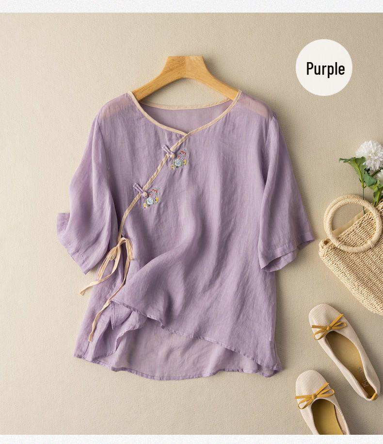 2024 Women's Cotton-Linen Embroidered Short Sleeve Shirt with Oblique Collar