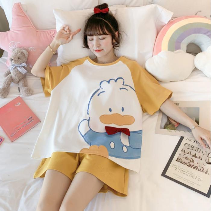 Women's Pajamas Set Summer Cute Cartoon Print Leisure Young Girls Sleepwear Short Sleeve Tops and Shorts Pijamas Women Homewear