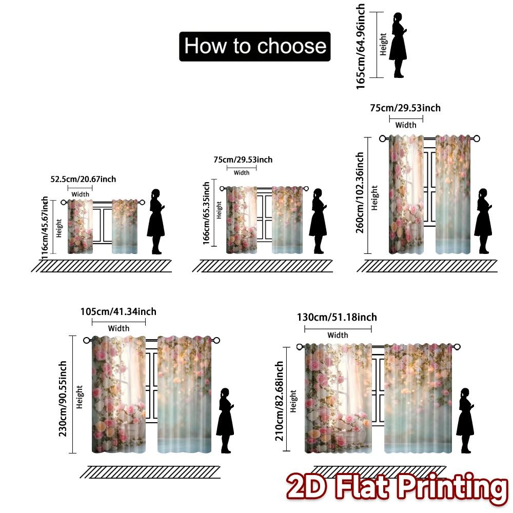 2pcs, 2D FLAT PRINTING Curtains (Without Rod) Rose Serenity Popular Window Curtain Versatile Polyester Fabric Curtains