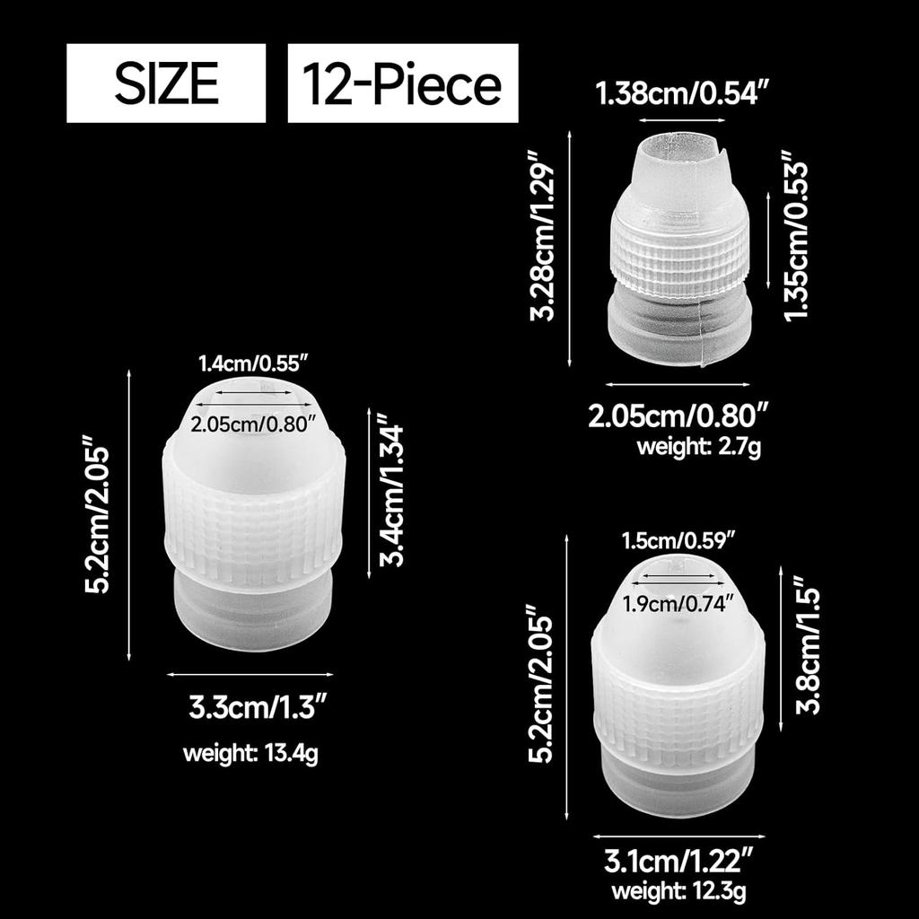 12-Piece Piping Couplers Set - 3 Sizes for Piping Bags & Icing Nozzles (Plastic Standard Couplers, Clear)