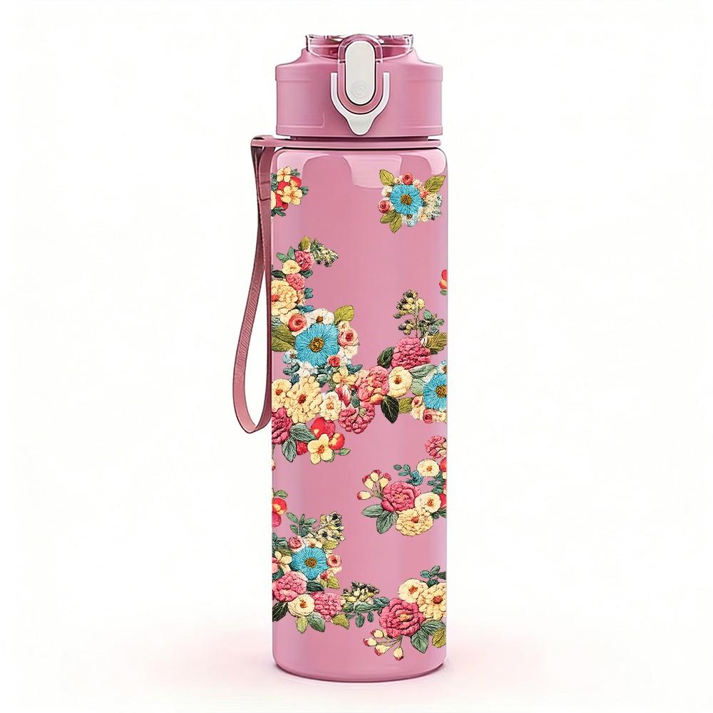 1PC Loose Vine Rose Floral Branch Print 750ml Color Plastic Sports Water Bottle Leakproof Flip Straw Lid Suitable for Sports Office Home Use