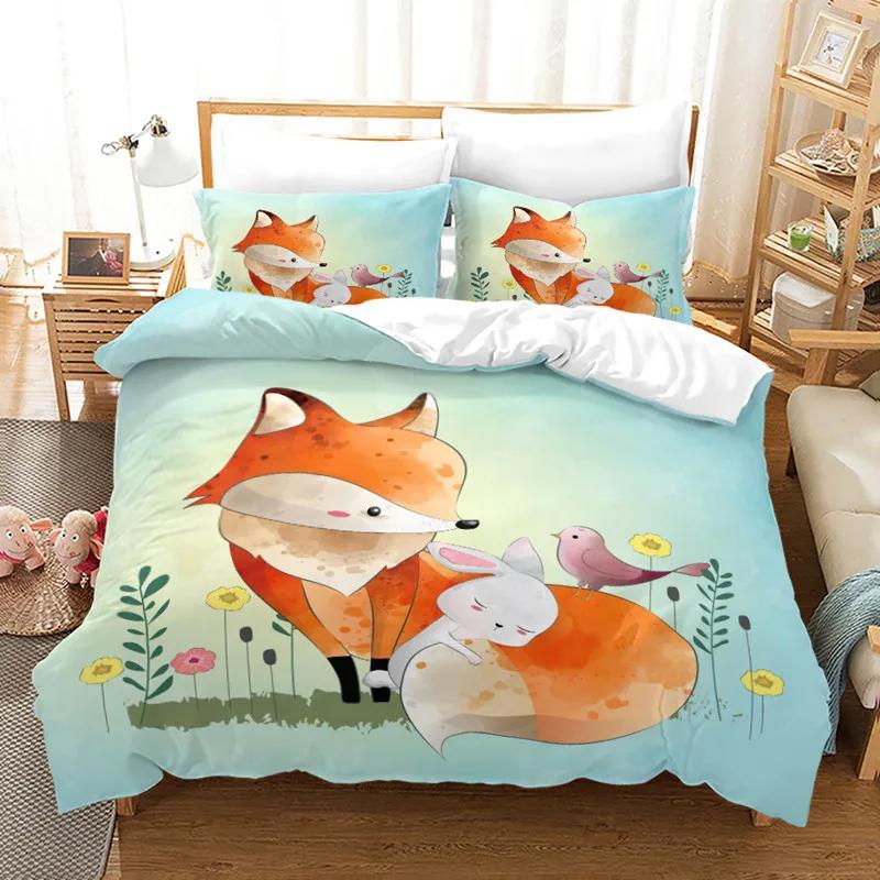 Kids Cartoon Fox Duvet Cover Microfiber Bedding Set Lovely Animal Theme Comforter Cover King For Kids Adults Girls Bedroom Decor