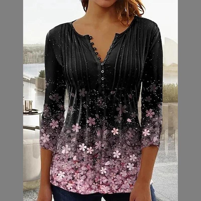 European and American Spring and Summer Fashionable Women's Floral Print V-neck Short Sleeved Pleated Button T-shirt with A Base