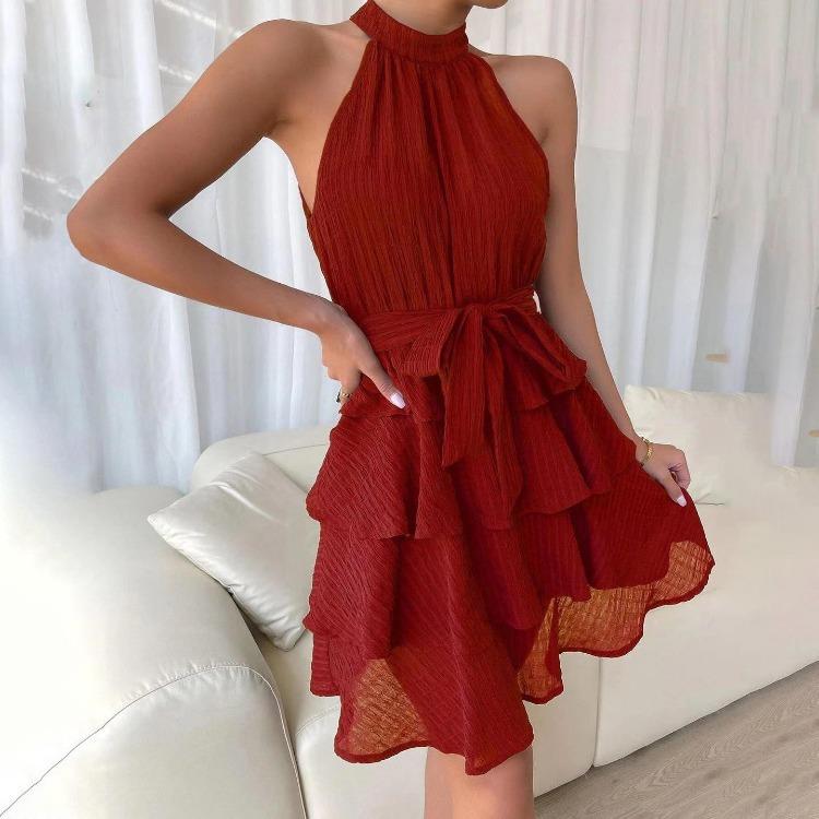Autumn Winter Women Sleeveless High Waist A-Line Dress Solid Color Halter Casual Knee-Length Ruffled Edges