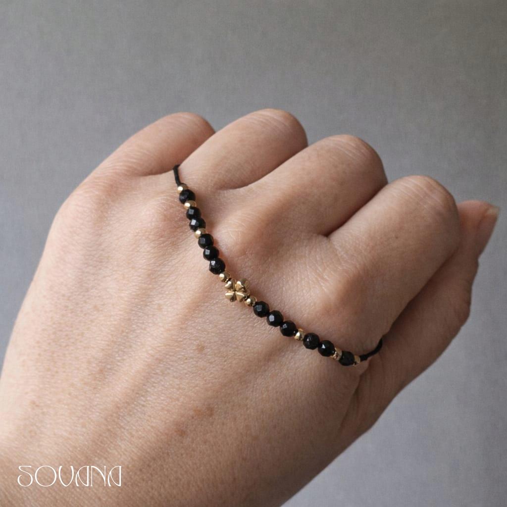 Lucky bracelet, protective, black tourmaline, clover, adjustable