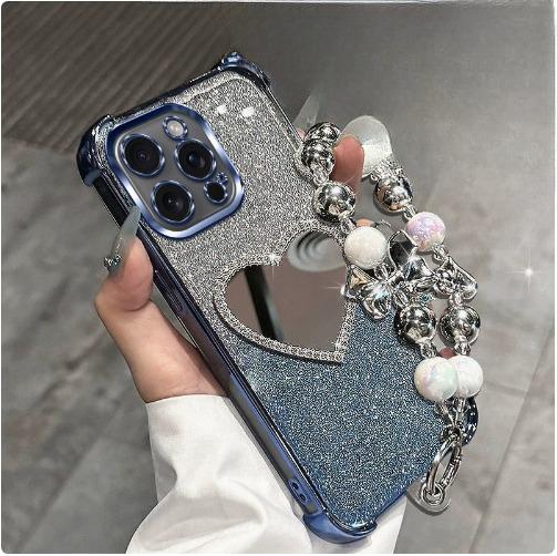 Glitter Plating Love Mirror Bracelet Case for iPhone 16 16E 15 14 Plus 13 12 Mini 11 Pro XS Max XR X Shockproof Silicone Cover