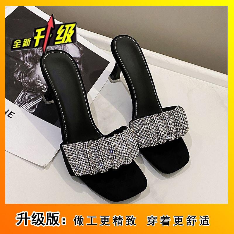 Versatile Square Head Open-toed Cool Slippers Women's 2025 Summer New Thin Heel with Skirt Elegant Rhinestone with High Heel