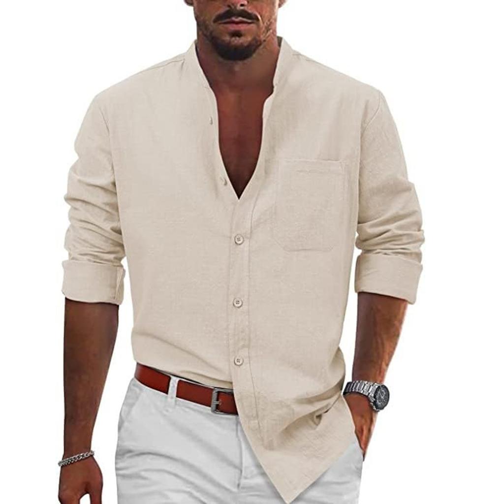 Men's Solid Color Pocket Cotton And Linen Button Long Sleeve Casual Everyday Men's Shirt