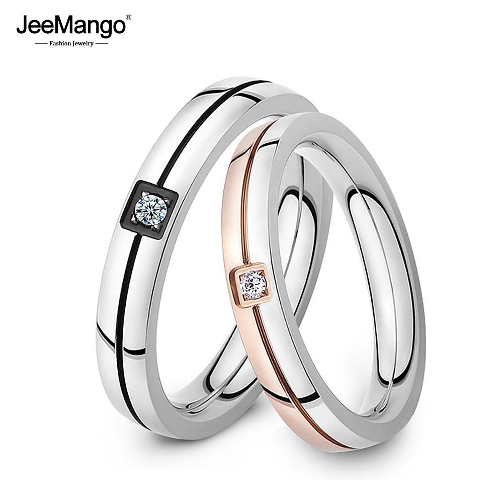 JeeMango Mosaic Cubic Zirconia Ring Stainless Steel Shinning Crystal Couple Ring Forever Love For Romantic Wedding Rings R19102