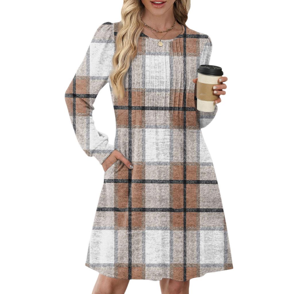 Women's Long Sleeve Pleated Round Neck Plaid Stripe Print Casual Dress With Pockets