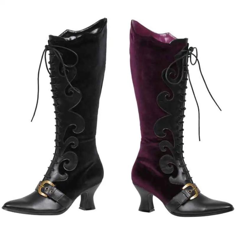 Fashion Women Vintage Witch Shoes For Halloween Steampunk Velvet Lace Up Medieval Renaissance Gothic Faux Leather Boots