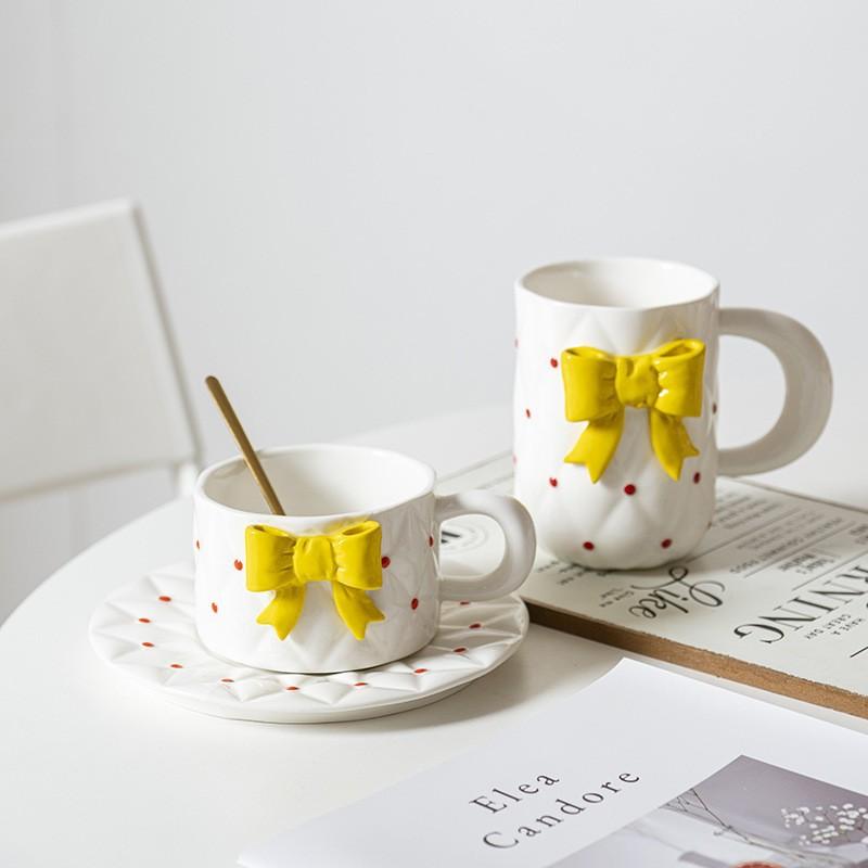 Bow Ceramic Coffee Cup Dish Set Exquisite Girls Afternoon Tea Coffee Latte Latte Cup Home Breakfast Milk Drink Mug Birthday Gift