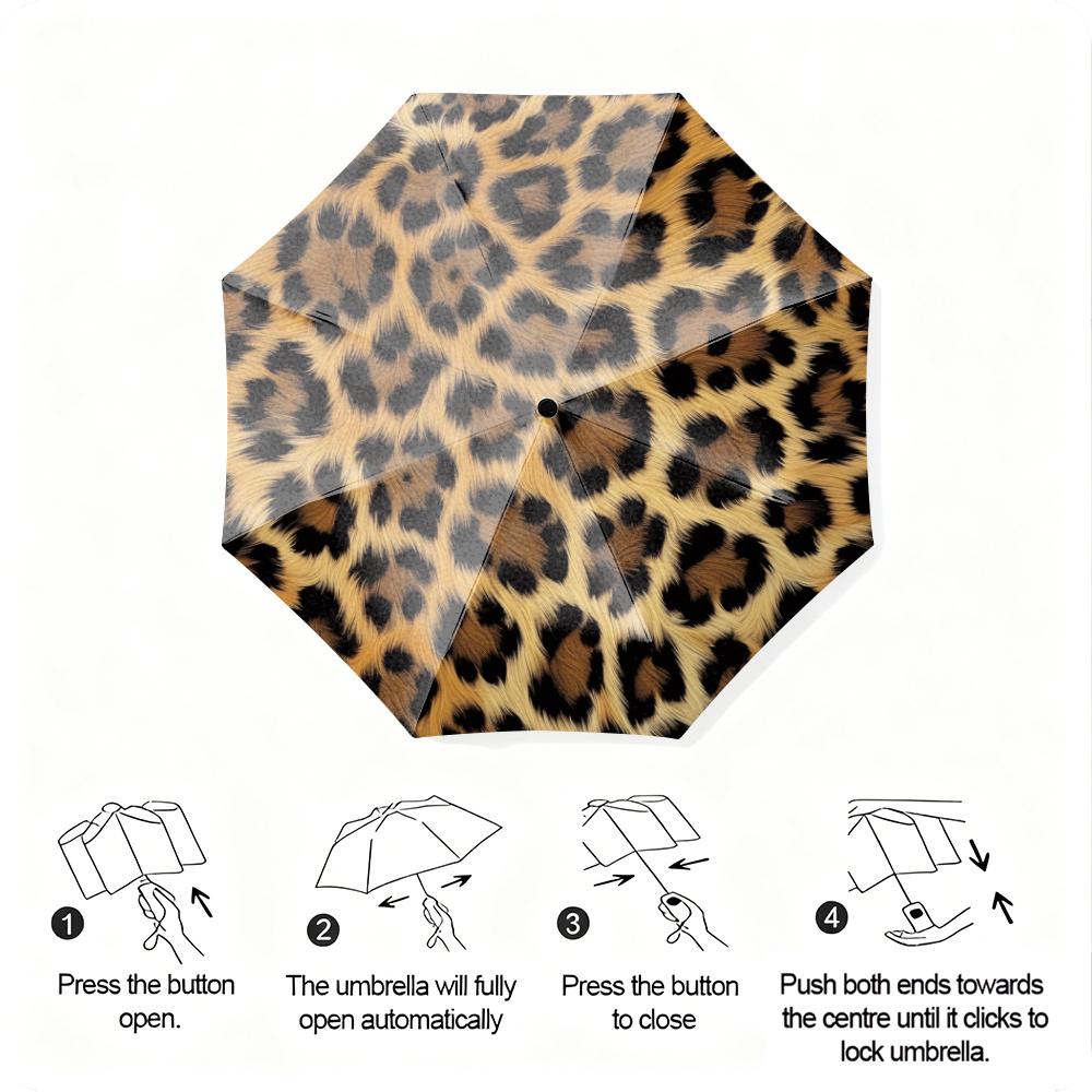 A Stunning Leopard Print Folding Umbrella - Featuring a Classic Wild Design with 2D Flat Printing, a Durable Canopy Made of St