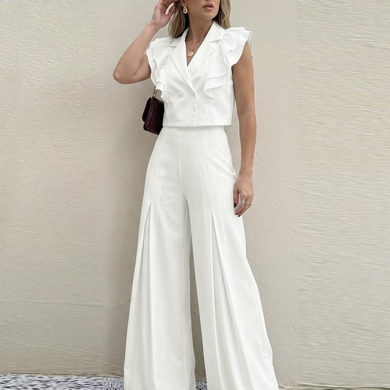 ZANZEA Women Ruffles Sleeveless Blouse With Wide Leg Pants Casual Two Piece Sets