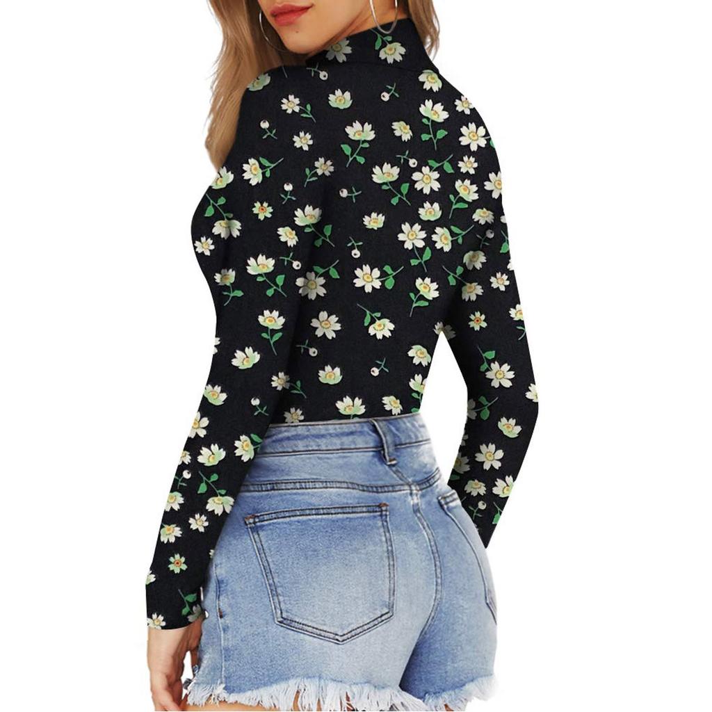 Women's Mock Printing Fashion Turtle Neck Tops Long Sleeve Bodysuit Jumpsuit