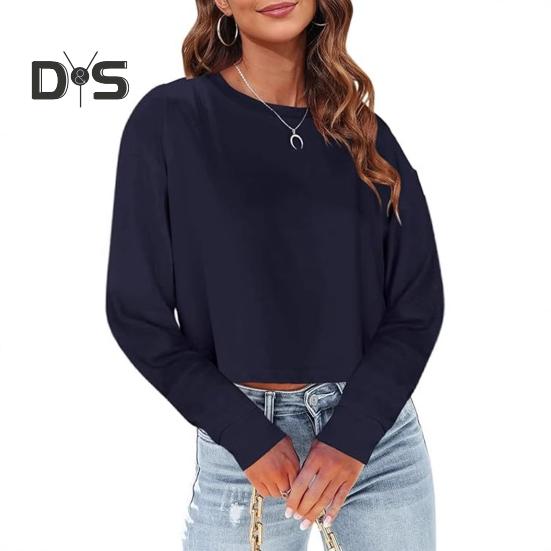 Dámské zkrácené mikiny s dlouhým rukávem, pulovr, fleecový crop top, nadměrná trička s kulatým výstřihem na podzim a zimu