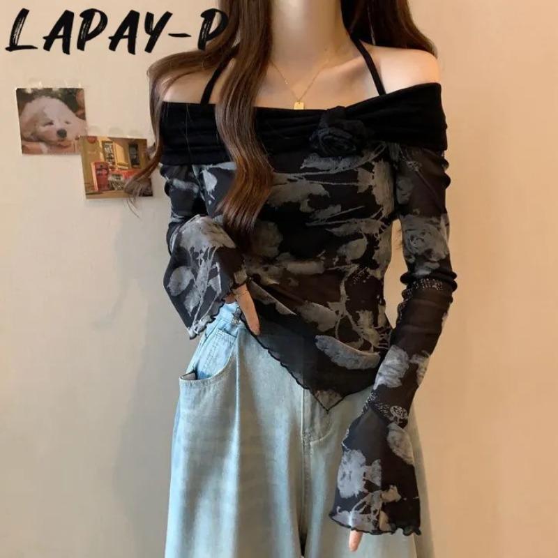 

Черная футболка с tie-dye, на одно плечо, с воротником-халтер, с длинным рукавом, для женщин, на весну и осень, новая, стройнящая, с неровным низом, сетчатый топ S чёрный