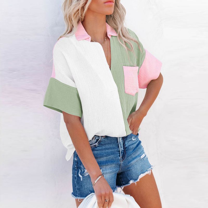 

Fashion Style Black and White Contrast Color Single-Breasted Short Sleeve Shirt Green Size XL fit (72.50 kg-80.00 kg