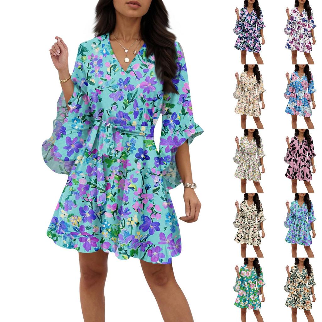 Ladies Summer Casual V-neck Half Sleeve Floral Printed Boutonniere Temperament Casual Dress