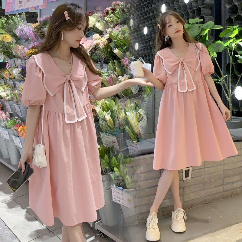 Small Fresh and Sweet Age-reducing Maternity Dress Women's Summer Bow Doll Collar Loose and Thin Large Size Maternity Dress
