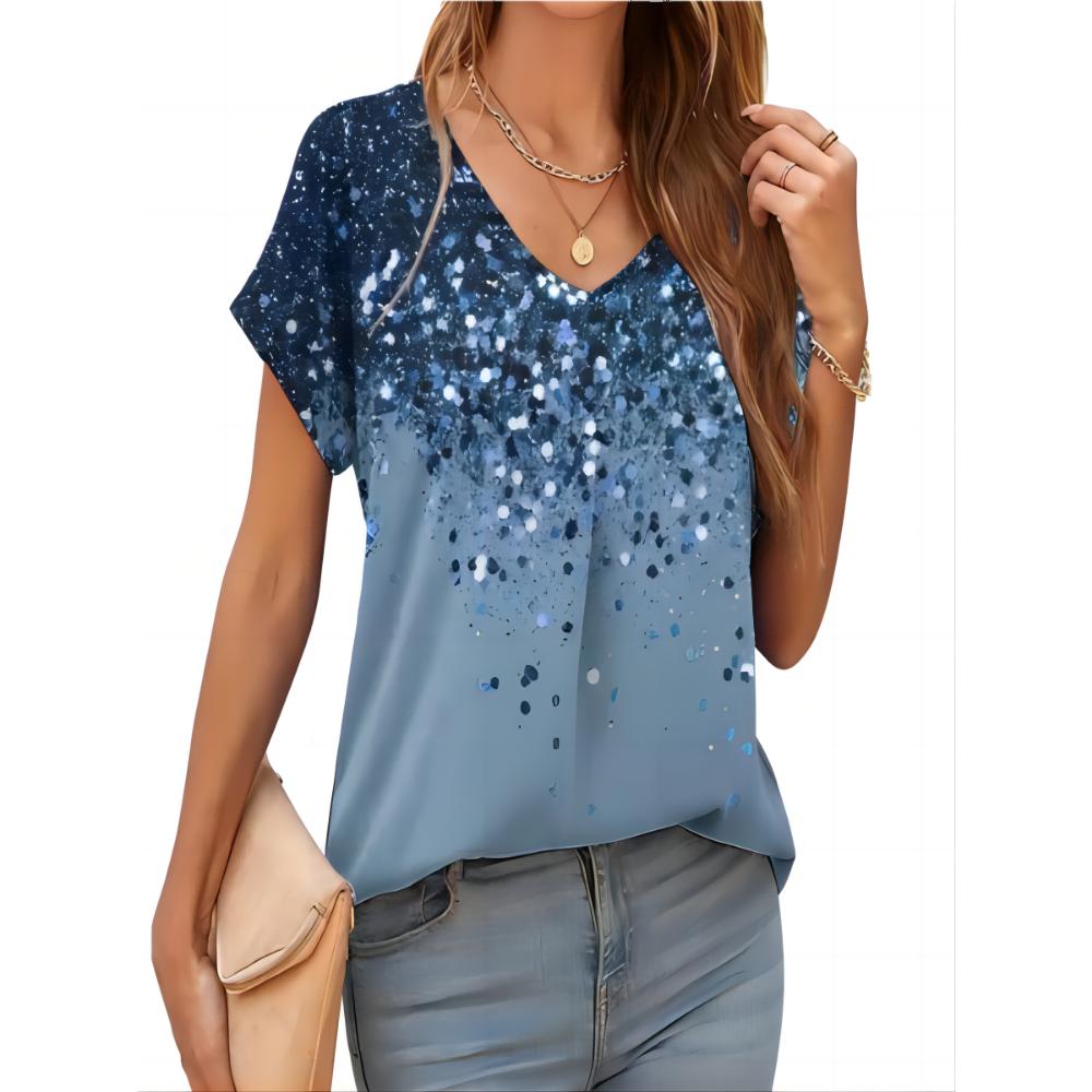 2026 New Summer Women T-shirt 3d Fashion Print Gradient Harajuku T Shirt Oversized Tee For Ladies Clothing New Short Sleeve V-Ne