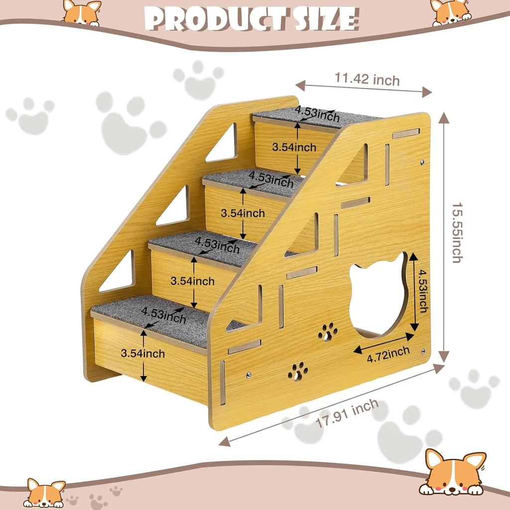 Ergonomic 4-Step Pet Stairs - Wooden Dog Steps with Anti-Slip Treads & Adjustable Height for Beds/Couches