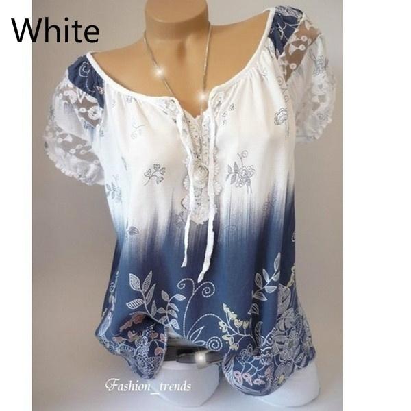

Новые женские летние повседневные топы с цветочным принтом, рубашки с коротким рукавом, блузки. Летняя мода, повседневный топ, блузка, большие размеры XS-5XL 5XL белый