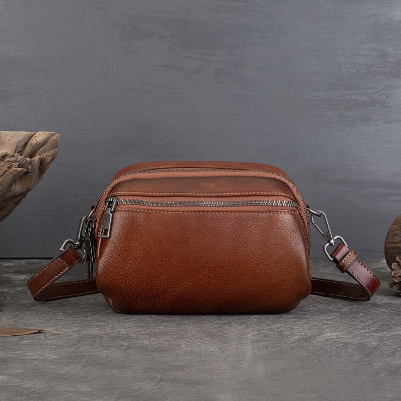 Small Round Bag Hand Painted Shoulder Bag Soft Leather Large Capacity Top Layer Cowhide Mini Bag for Women