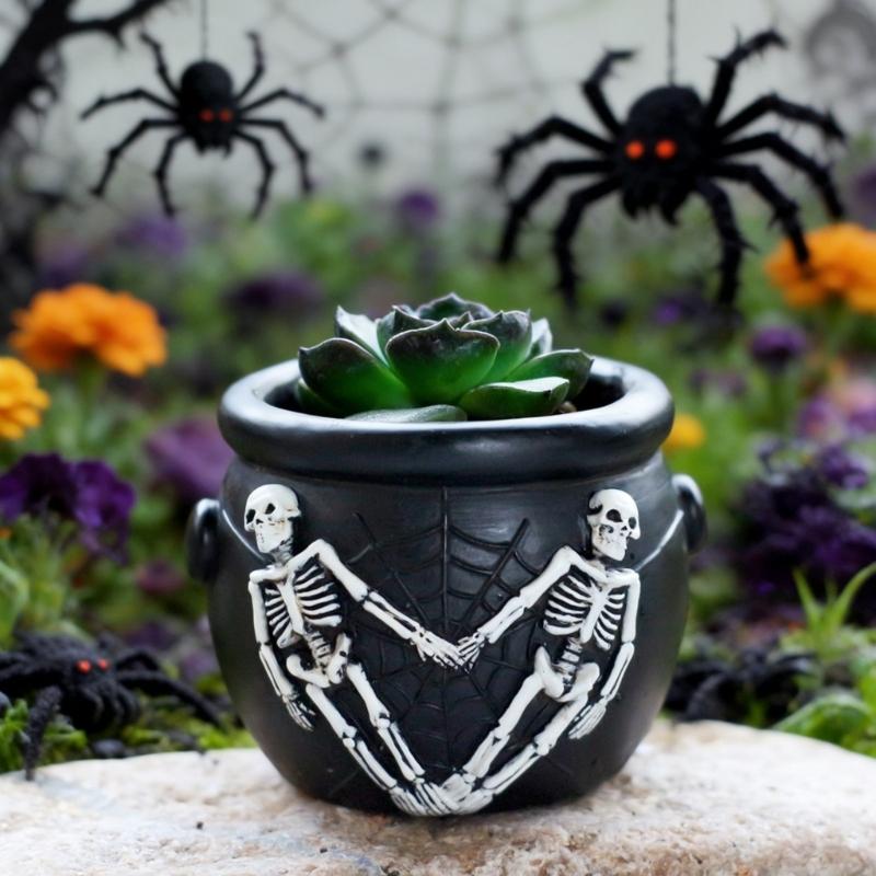 Gothic Succulents Planter, Halloween Skull Cauldron Pot In Resins for Table Decors, Small Flower Container for Shelf and Window Display