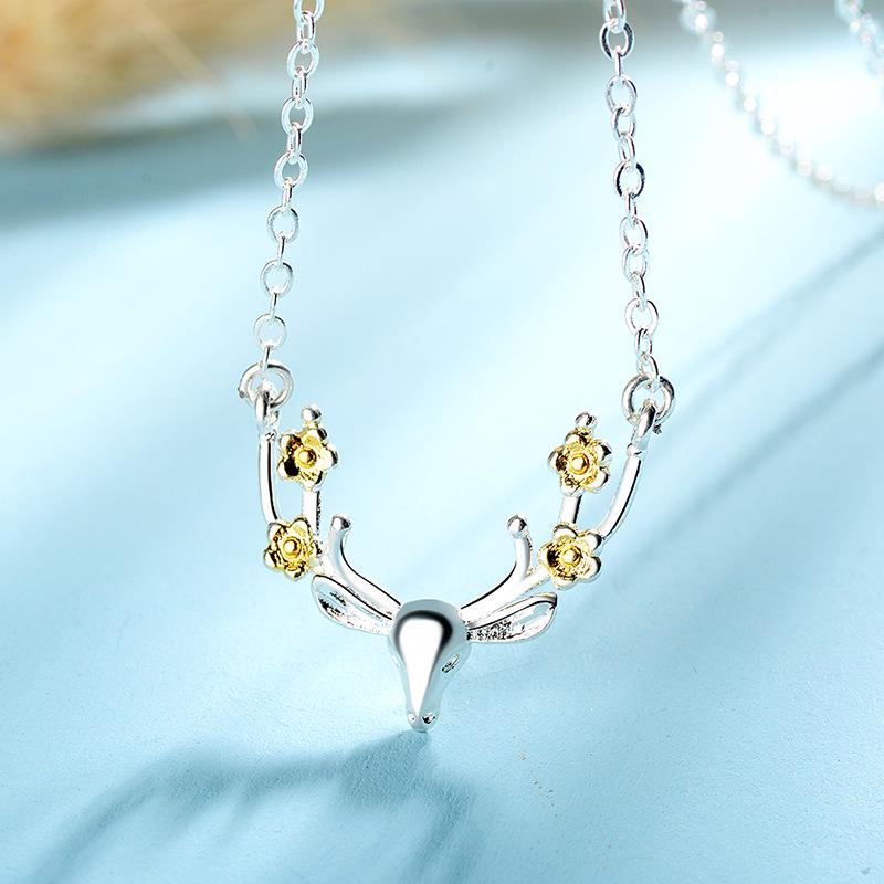 Festive Silver Reindeer Antler Necklace for Women - Korean Mori Style Clavicle Chain