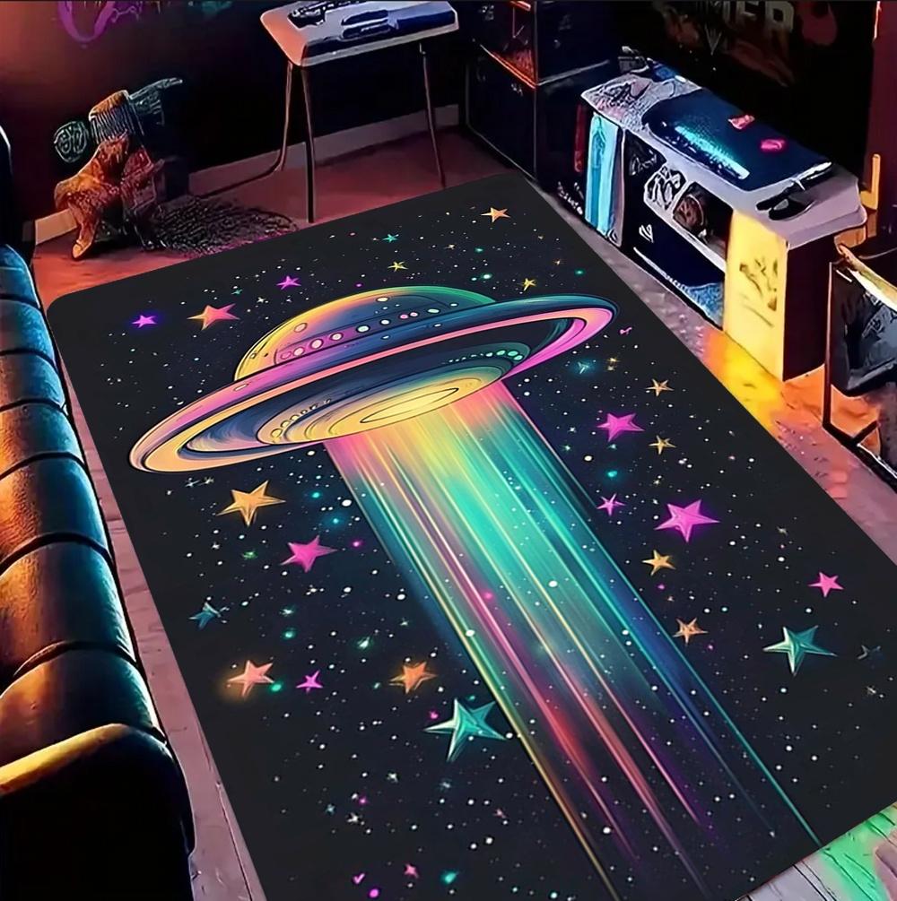 Neon Galaxy Planet Rug Solar System Floor Mat for Bedroom Living Room Anti-Slip UFO Space Carpet for Room Game Room Decor