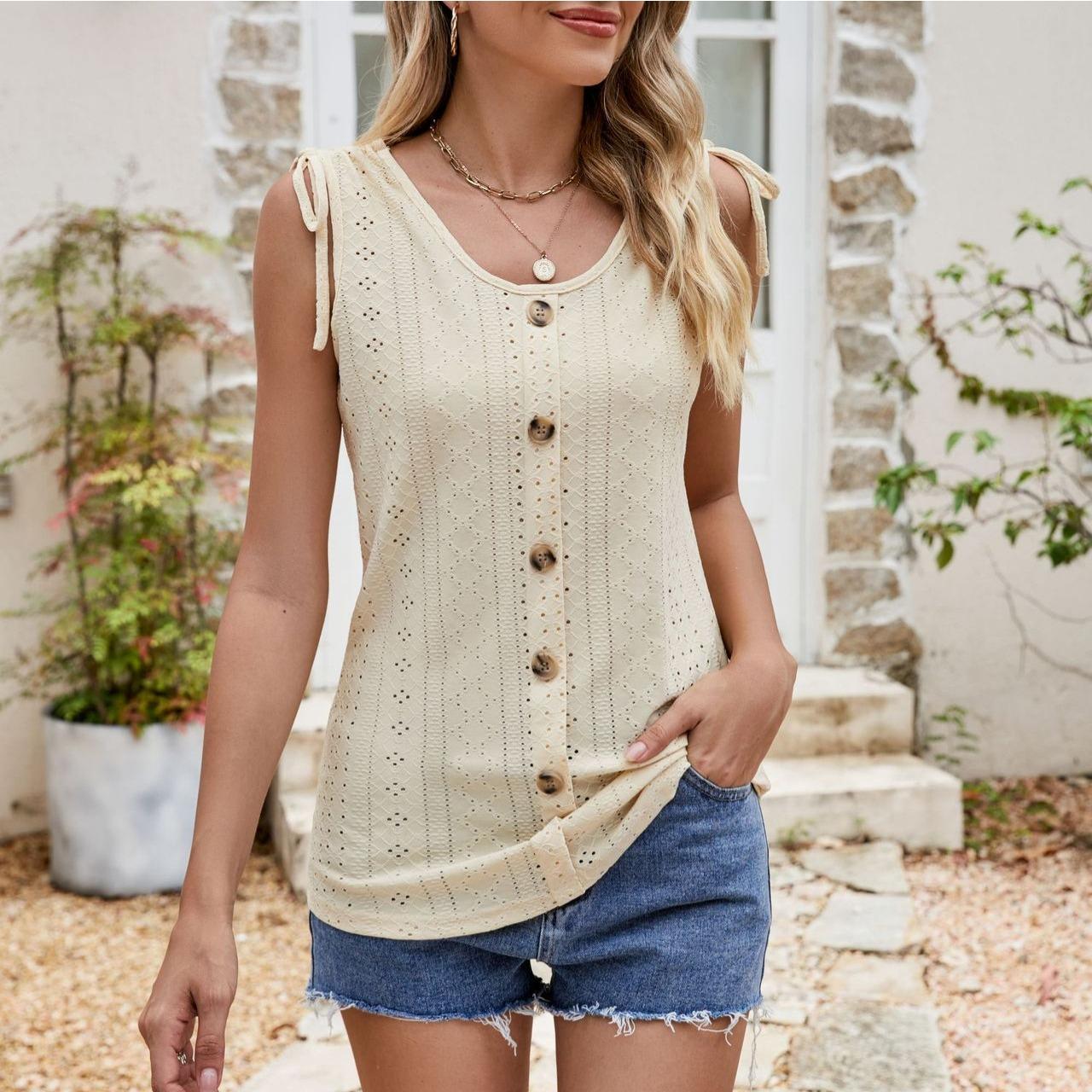 

GMXIA Summer Women s Wear Women s Hollow-out Drawstring Sleeveless Button Straps XXXL жёлтый