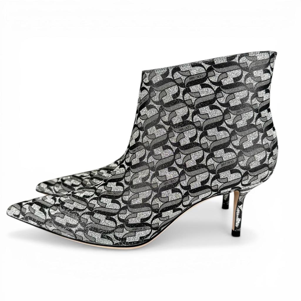 Ausgezeichnete JIMMY CHOO Stiefeletten MARINDA 65 Monogramm Silber Damen 37.5 Gebraucht