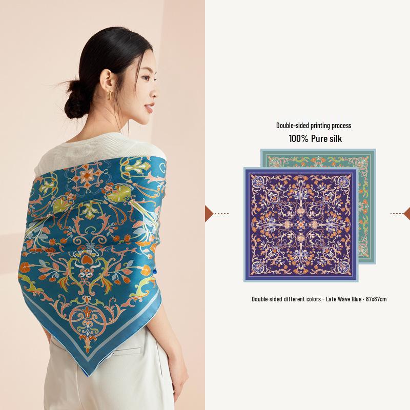 Double-Sided Multi-Color Silk Scarf - 100% Mulberry Silk, Floral Digital Print, Twill Square Design. 86 cm
