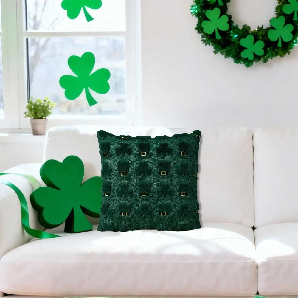 Clover Pattern St. Patrick‘s Day Shamrock Pillow Cover Green Plush Shamrock Cushion Cover Square Sofa Throw Pillow Living Room