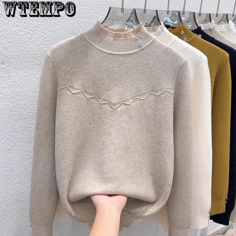 Women's Semi High Neck One-piece Velvet Pullover Sweater with Added Velvet Thickness Base Sweater Solid Color Casual Knit Sweater Autumn and Winter