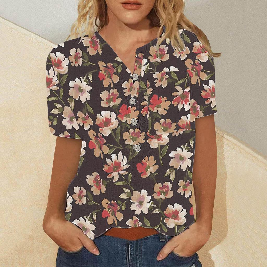 Women's Summer Casual Fashion Cotton Linen Printed Women's Short Sleeve Shirt Tops