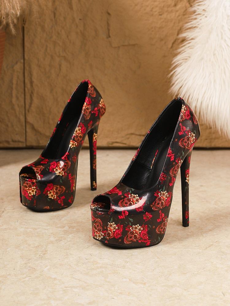 

Eilyken New Design Print Flower Peep Toe Platform Women Pumps Sexy Fetish Super Stiletto High Heels Stripper Wedding Shoes 35 красный