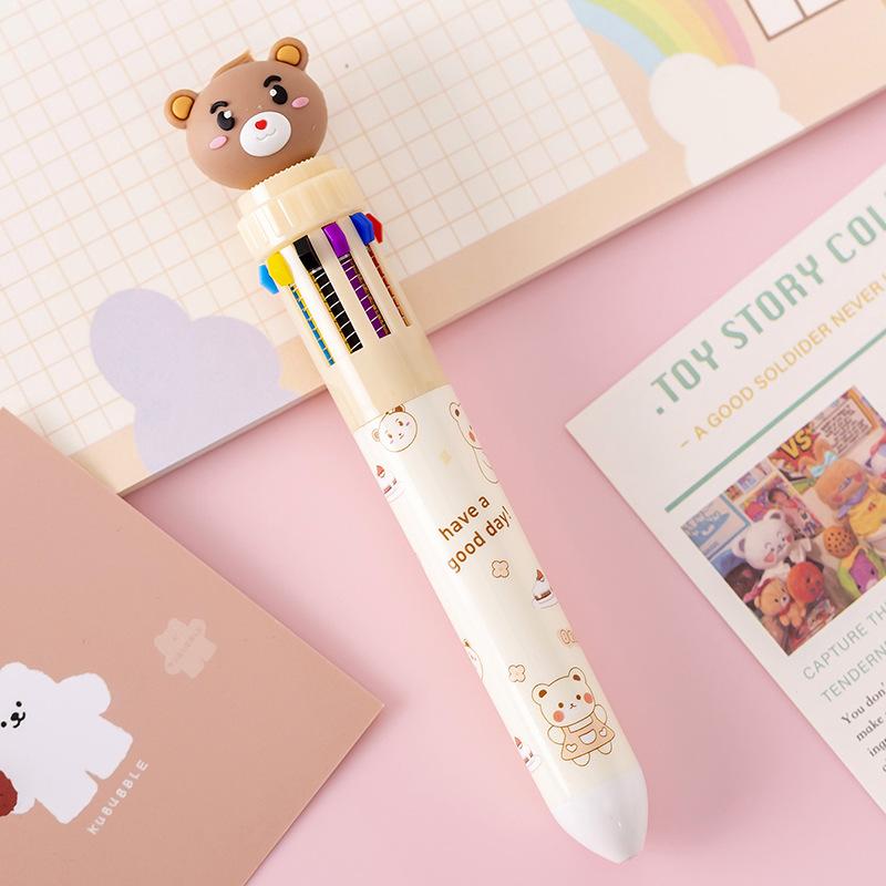 Bear 10 Color Ballpoint Pen, Cute Cartoon Push Button Multicolor Pen, Student School Supplies for Writing Drawing Gift for Kids