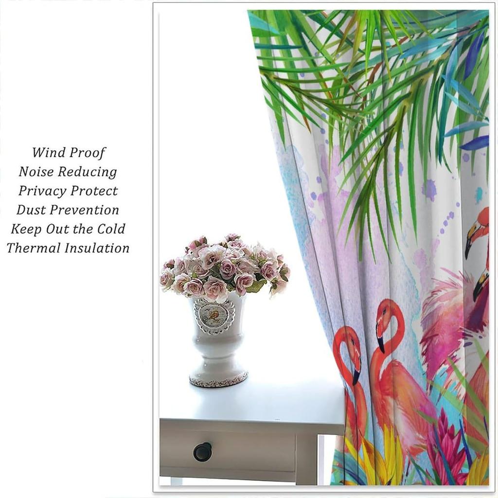 Flamingo Curtains,Tropical Plants Flower Print Window Treatments for Bedroom Living Room Jungle Animal Birds Drapes 2 Panel Set