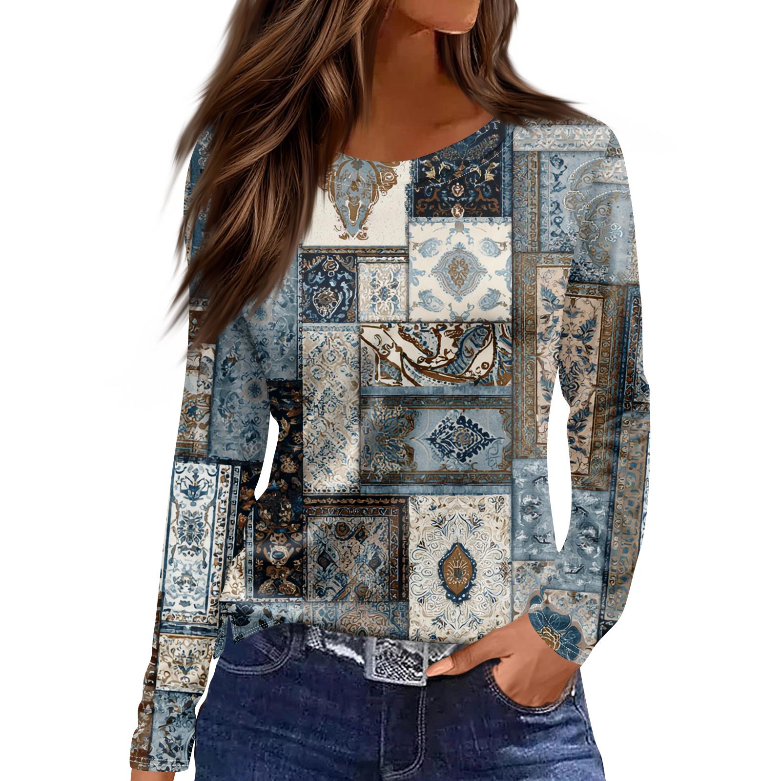 

Women s Fashion Hem Slit Casual Retro Floral Print Round Neck Long Sleeve Top S синій